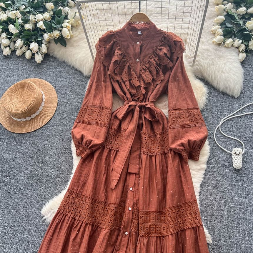 Long Sleeve Stand Collar Plain Tiered Button Panel Lace Maxi A-Line Dress