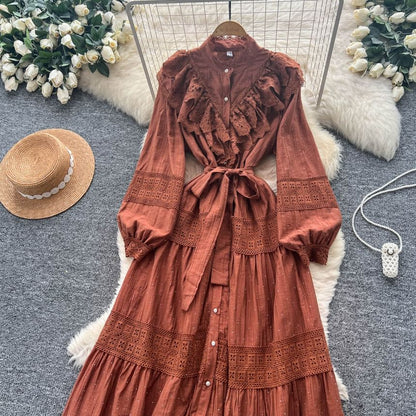 Long Sleeve Stand Collar Plain Tiered Button Panel Lace Maxi A-Line Dress
