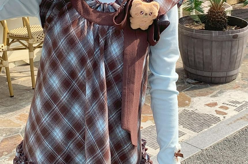 Plaid Cap-Sleeve A-Line Dress and Solid Long-Sleeve Top