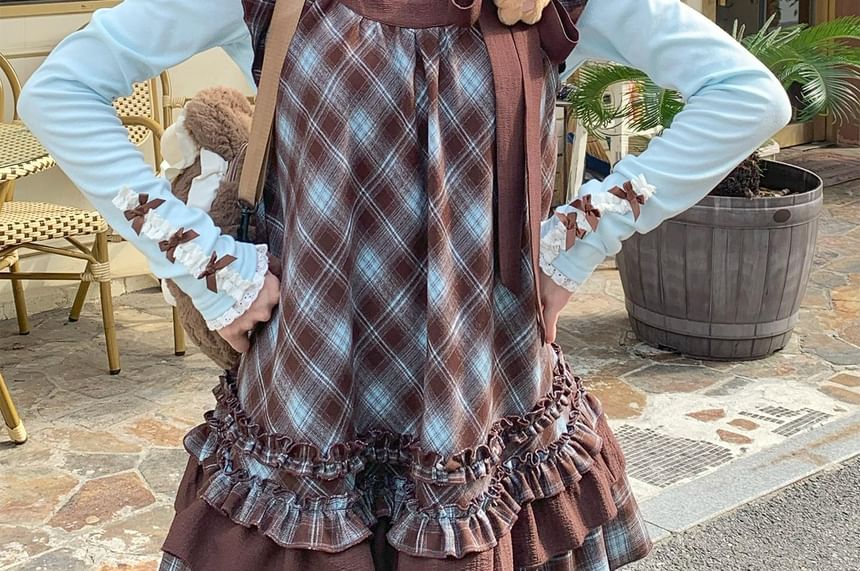 Plaid Cap-Sleeve A-Line Dress and Solid Long-Sleeve Top