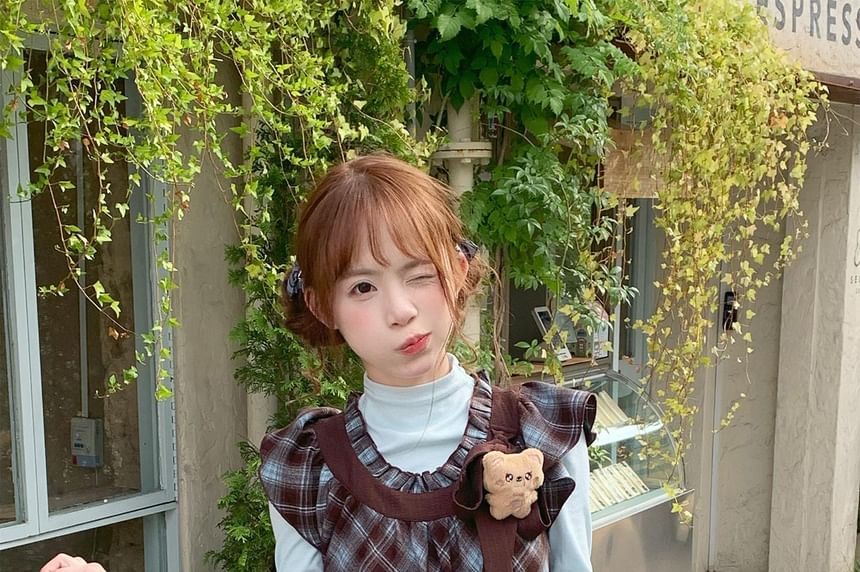 Plaid Cap-Sleeve A-Line Dress and Solid Long-Sleeve Top