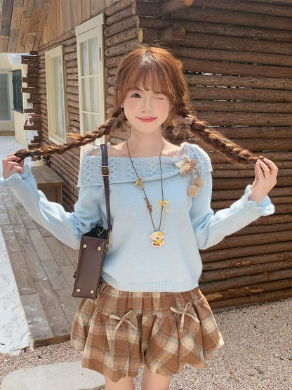 Off-Shoulder Solid Knit Top and Plaid Mini A-Line Skirt
