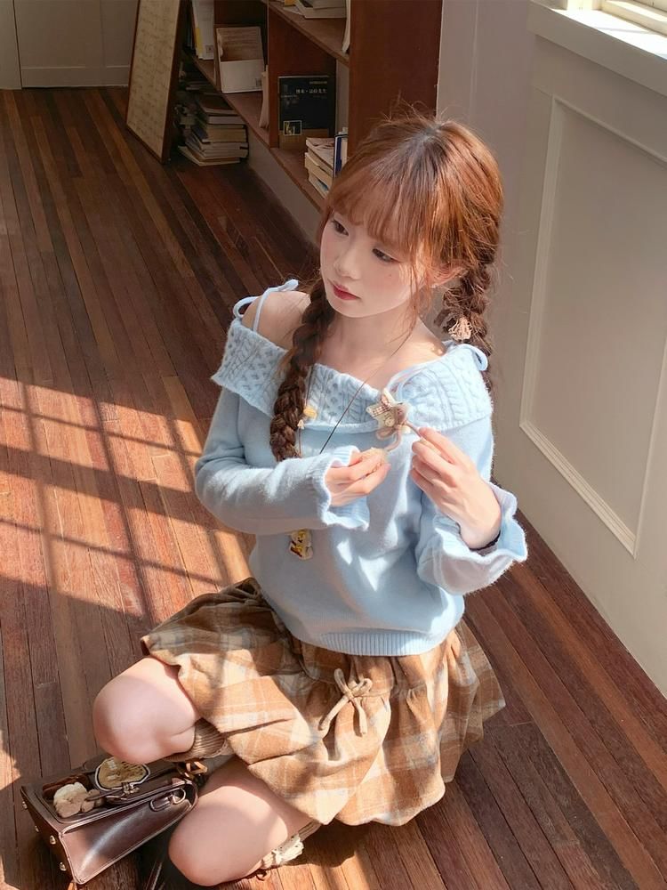 Off-Shoulder Solid Knit Top and Plaid Mini A-Line Skirt