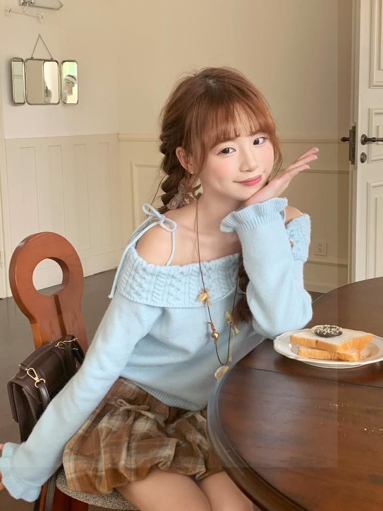 Off-Shoulder Solid Knit Top and Plaid Mini A-Line Skirt