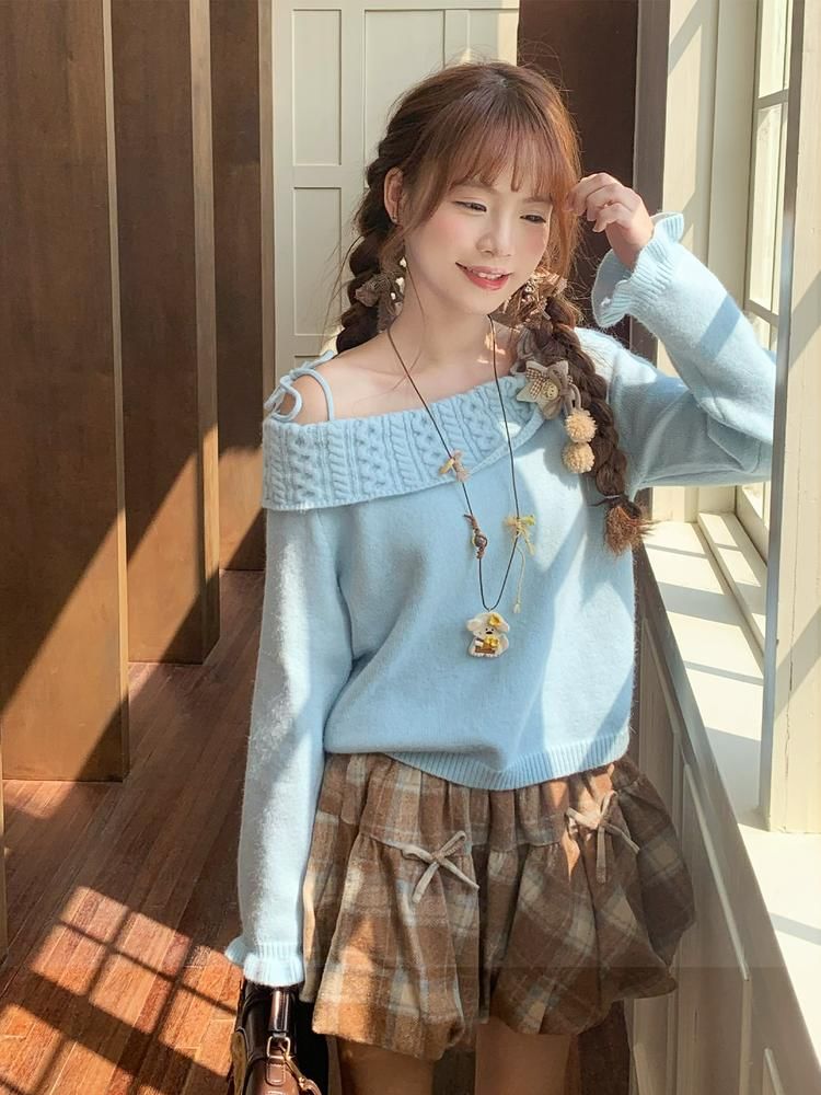 Off-Shoulder Solid Knit Top and Plaid Mini A-Line Skirt
