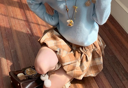 Off-Shoulder Solid Knit Top and Plaid Mini A-Line Skirt