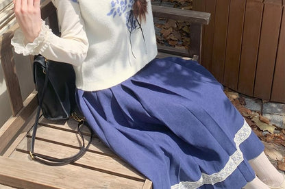 Round-Neck Lace-Trim Knit Top and High-Rise Lace Maxi Skirt