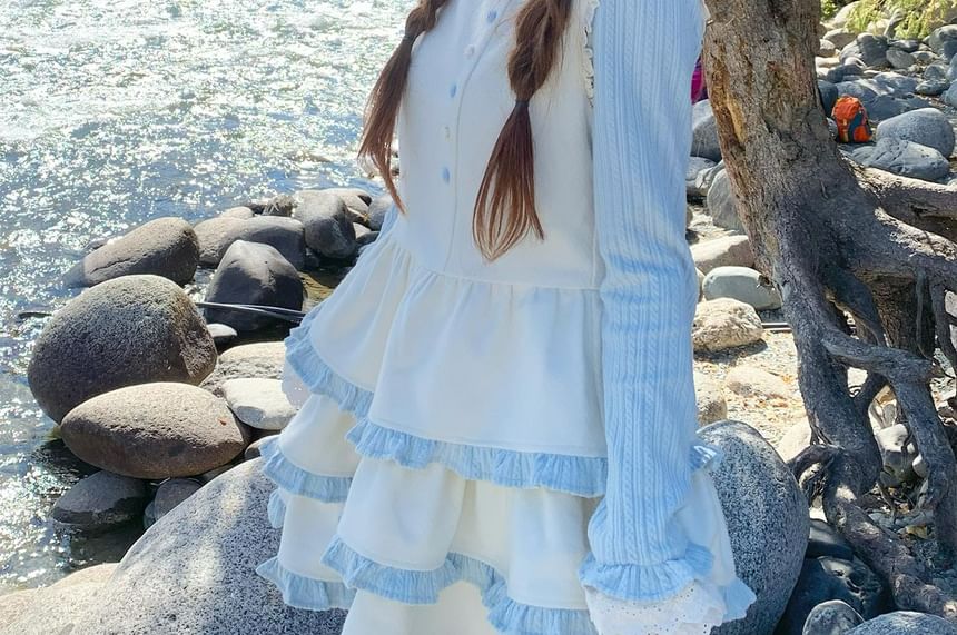 Striped Long-Sleeve Top and Sleeveless Tiered Mini Dress