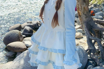 Striped Long-Sleeve Top and Sleeveless Tiered Mini Dress