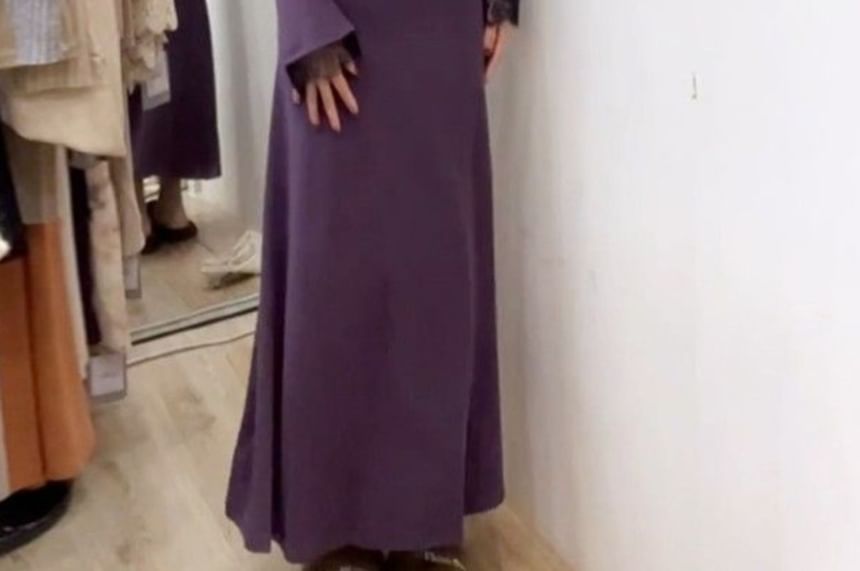 Long-Sleeve V-Neck Plain Lace Trim Maxi A-Line Dress