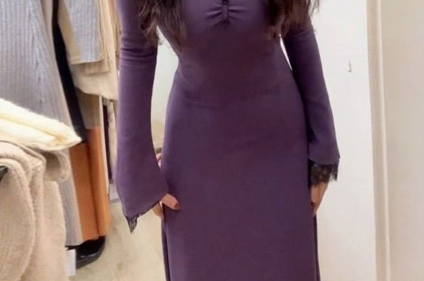 Long-Sleeve V-Neck Plain Lace Trim Maxi A-Line Dress