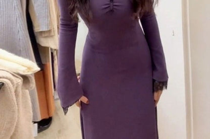 Long-Sleeve V-Neck Plain Lace Trim Maxi A-Line Dress