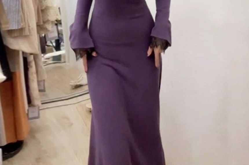 Long-Sleeve V-Neck Plain Lace Trim Maxi A-Line Dress