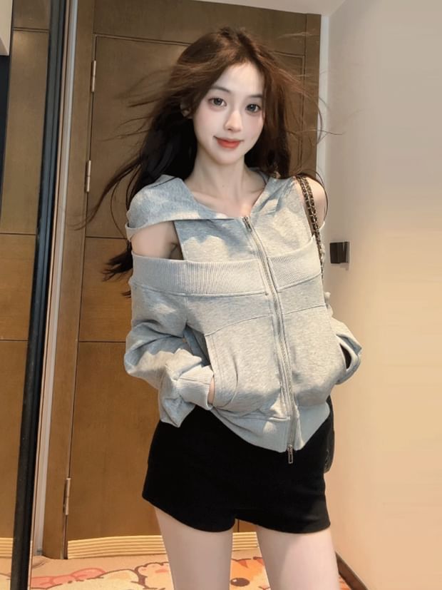Cold-Shoulder Paneled Zip Hooded Sweatshirt