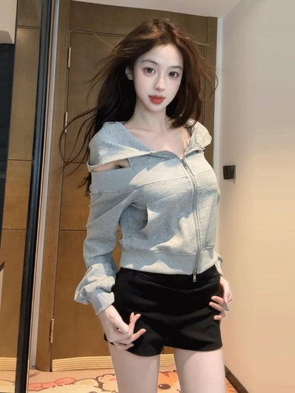 Cold-Shoulder Paneled Zip Hooded Sweatshirt