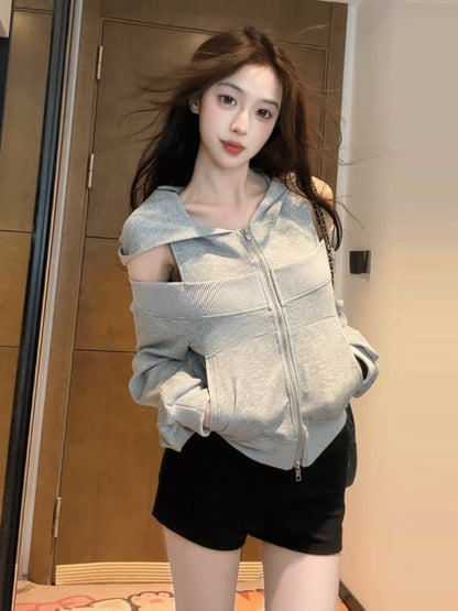 Cold-Shoulder Paneled Zip Hooded Sweatshirt