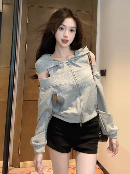 Cold-Shoulder Paneled Zip Hooded Sweatshirt