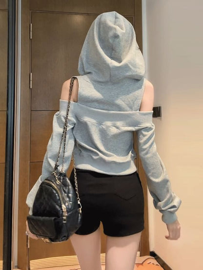 Cold-Shoulder Paneled Zip Hooded Sweatshirt