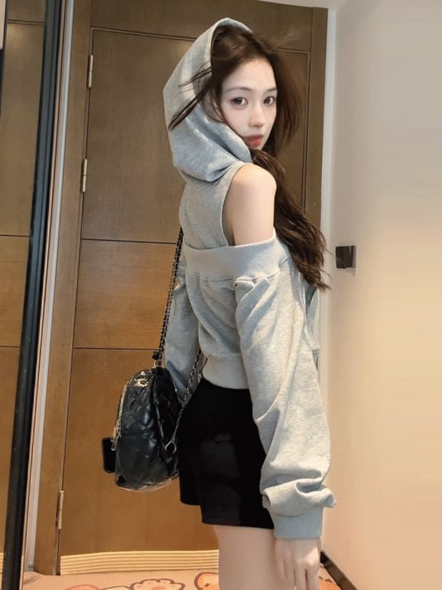 Cold-Shoulder Paneled Zip Hooded Sweatshirt