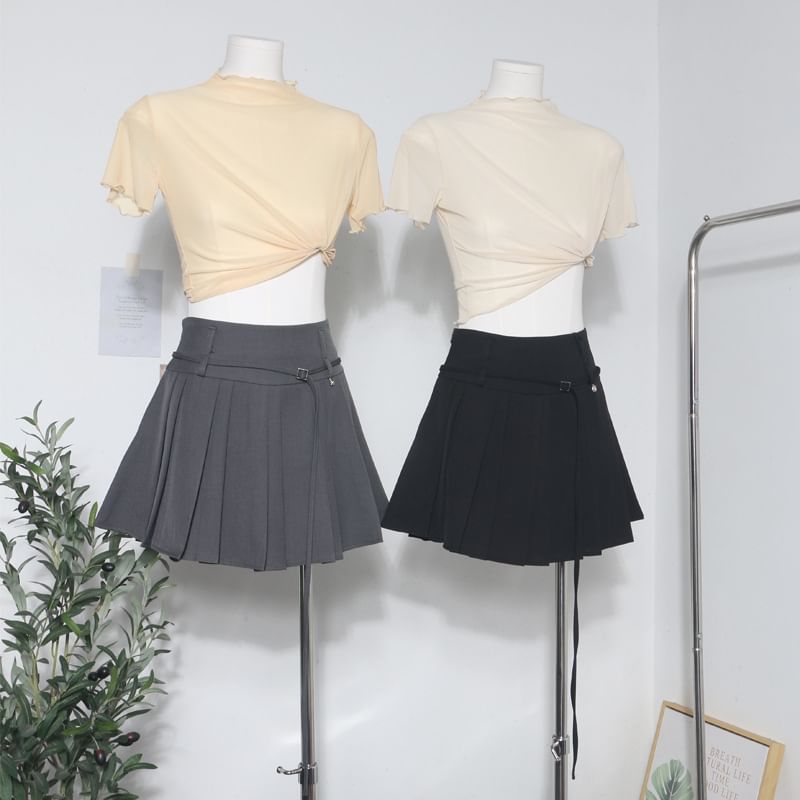 High Rise Belted Mini Pleated Skirt