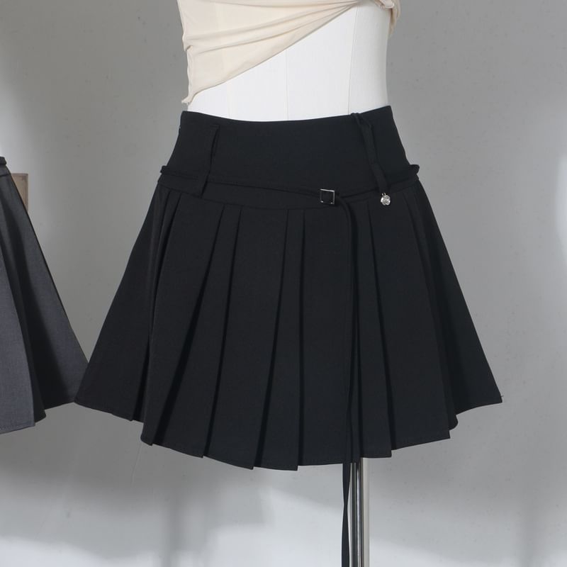 High Rise Belted Mini Pleated Skirt