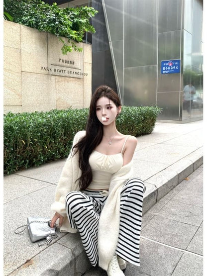 Striped Wide-Leg Drawstring Sweatpants with Plain Long Cardigan and Simple Cami Top