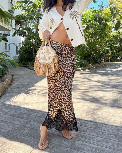 Low Rise Leopard Print Lace Panel Maxi Skirt