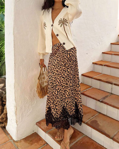Low Rise Leopard Print Lace Panel Maxi Skirt