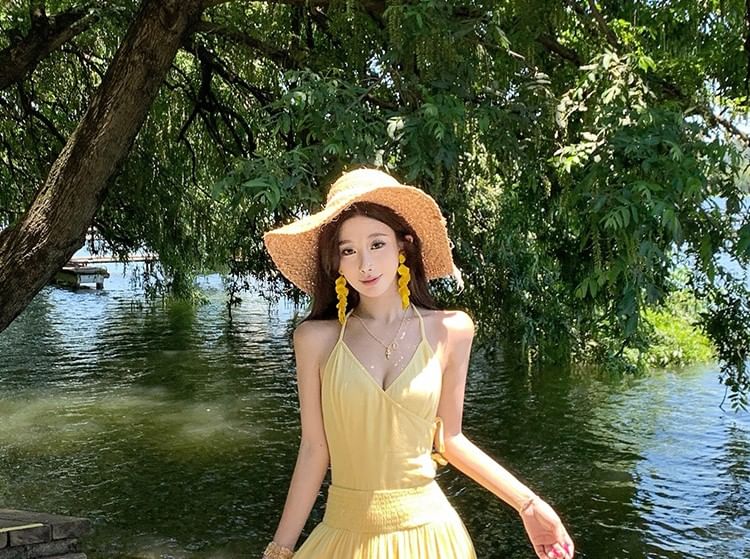 Halter Neck Open Back Plain Maxi A-Line Dress