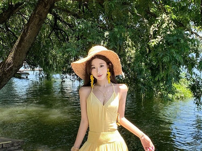 Halter Neck Open Back Plain Maxi A-Line Dress