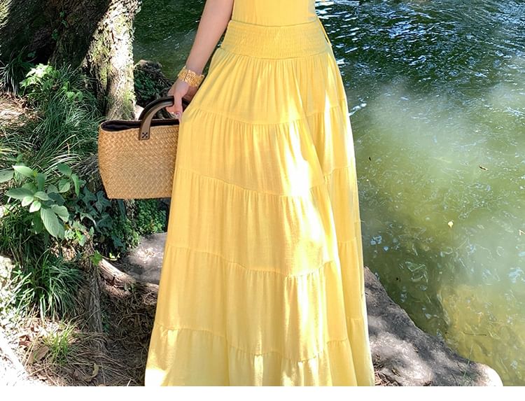 Halter Neck Open Back Plain Maxi A-Line Dress