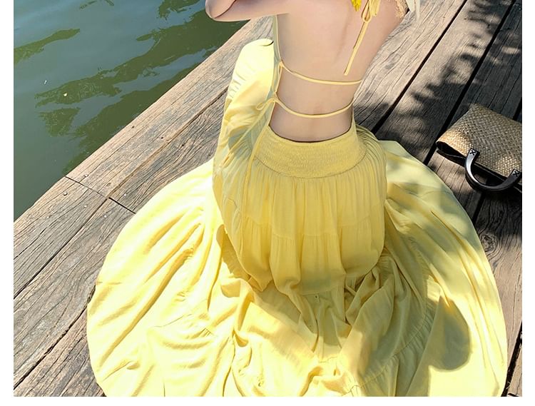 Halter Neck Open Back Plain Maxi A-Line Dress