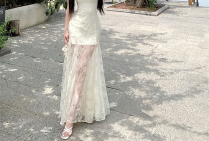 Spaghetti Strap V-Neck Lace Maxi A-Line Dress