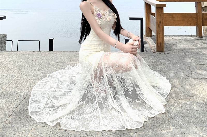 Spaghetti Strap V-Neck Lace Maxi A-Line Dress