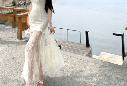 Spaghetti Strap V-Neck Lace Maxi A-Line Dress