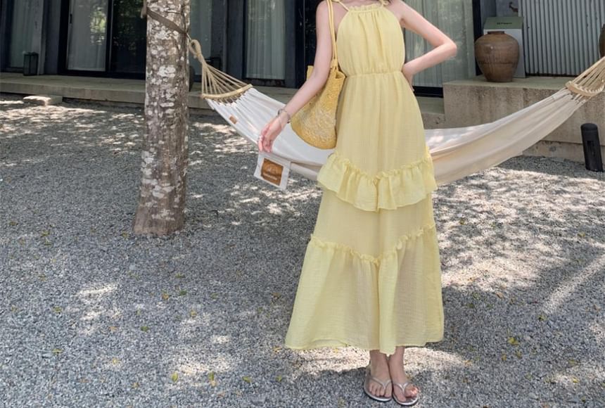 Sleeveless Ruffle Plain Maxi A-Line Dress