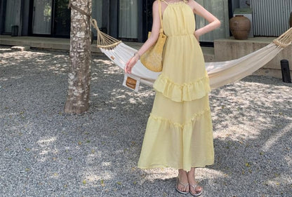 Sleeveless Ruffle Plain Maxi A-Line Dress