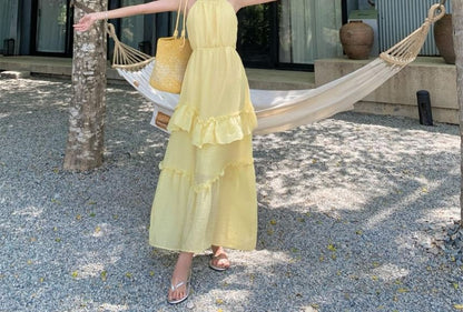 Sleeveless Ruffle Plain Maxi A-Line Dress