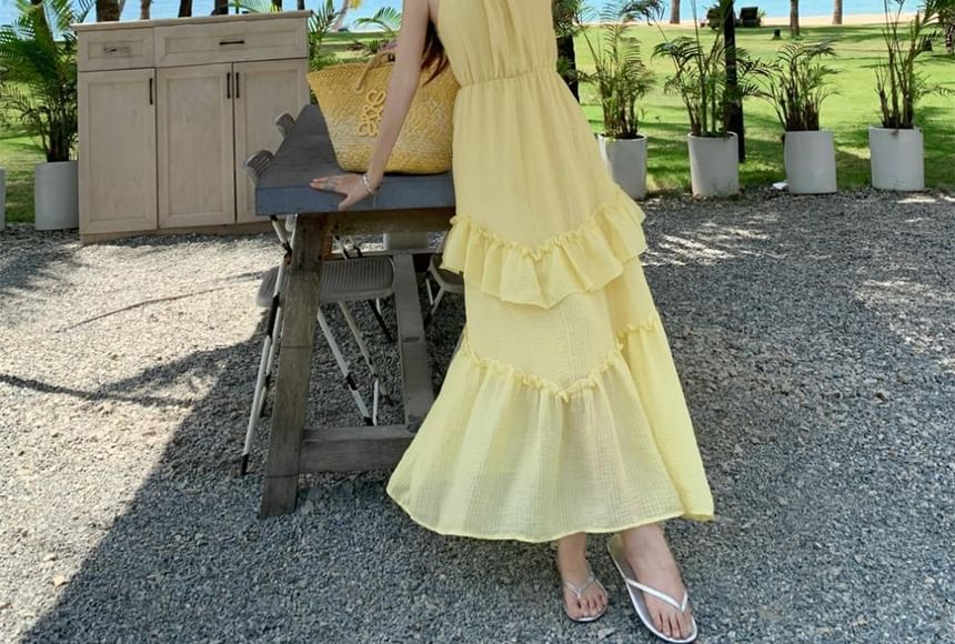 Sleeveless Ruffle Plain Maxi A-Line Dress