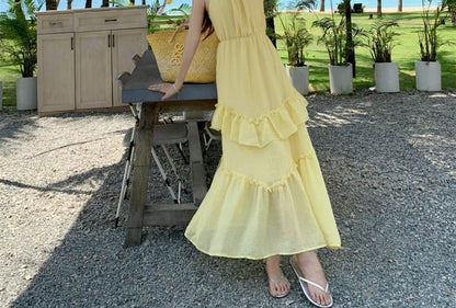 Sleeveless Ruffle Plain Maxi A-Line Dress