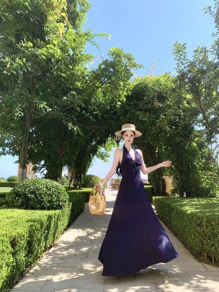 Sleeveless V-Neck Plain Maxi A-Line Dress