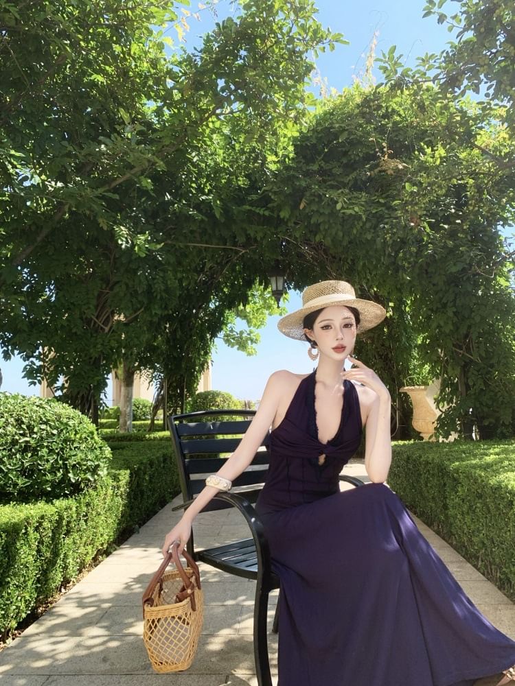 Sleeveless V-Neck Plain Maxi A-Line Dress