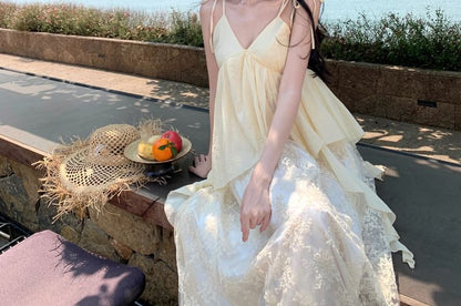 Sleeveless V-Neck Lace Maxi A-Line Dress