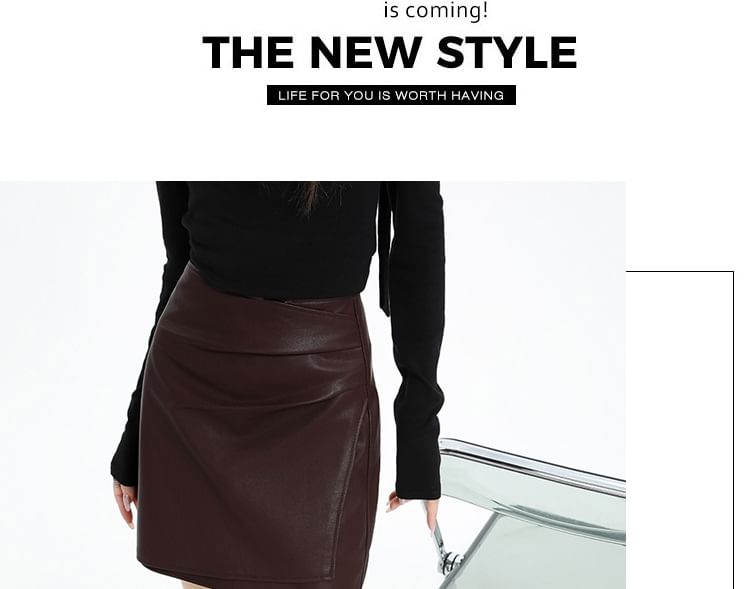 Solid Asymmetrical Ruched Faux Leather Mini Pencil Skirt High Waist