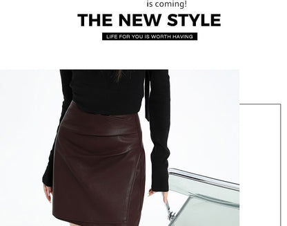 Solid Asymmetrical Ruched Faux Leather Mini Pencil Skirt High Waist