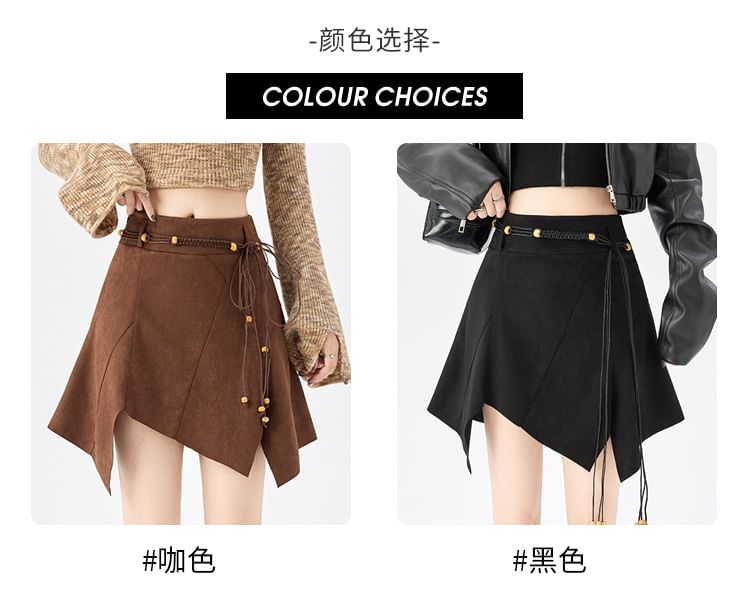 Solid Asymmetrical Faux Suede Mini A-Line Skirt High Waist
