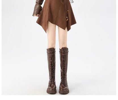 Solid Asymmetrical Faux Suede Mini A-Line Skirt High Waist