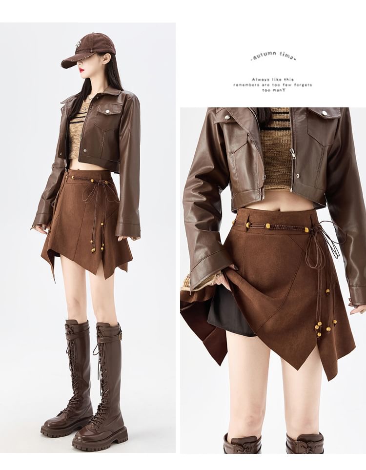 Solid Asymmetrical Faux Suede Mini A-Line Skirt High Waist