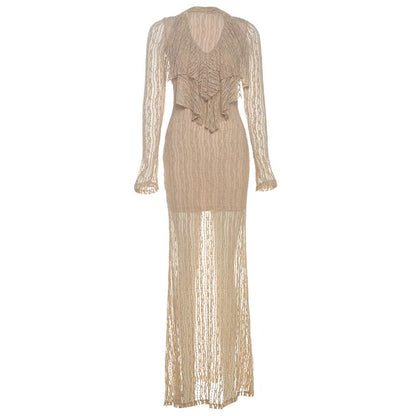 Long Sleeve V-Neck Ruffled Lace See-Through Maxi Bodycon Dress