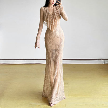 Long Sleeve V-Neck Ruffled Lace See-Through Maxi Bodycon Dress